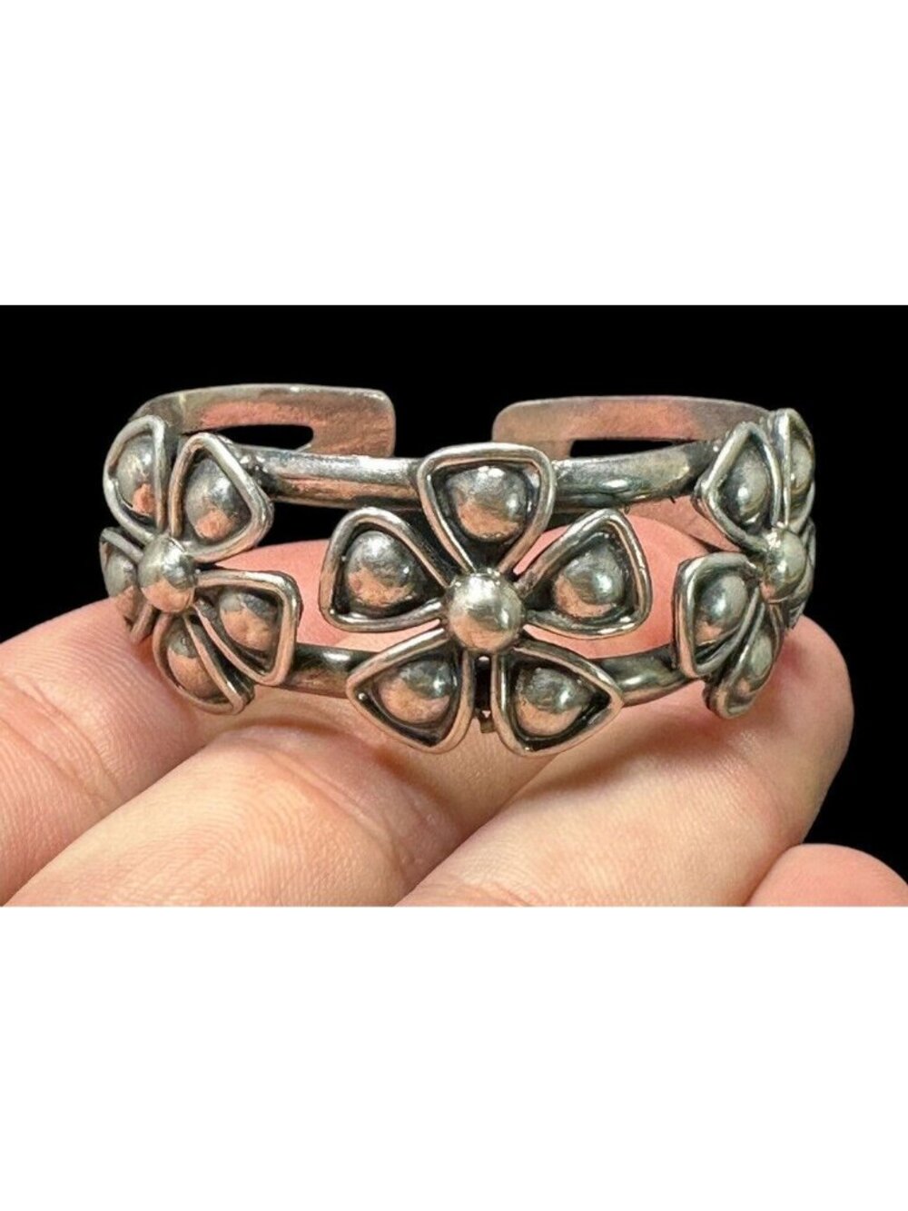 950 Silver Cuff Bracelet Three Flower Open Work Floral Design Sterling Retro - Picture 7 of 7